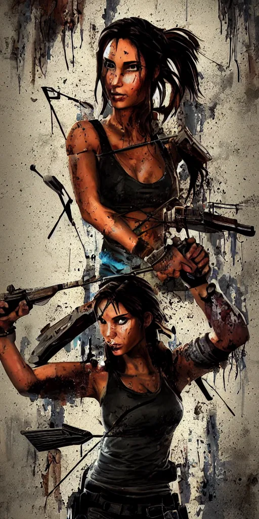 Image similar to portrait of lara croft in the style of 3 d! graffiti, gradients, extreme wide angle, arrows, drips, in the style of daim, totem, fleks, odeith