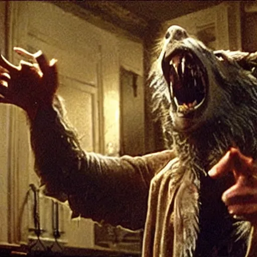 Prompt: film still of a werewolf extending out his hand in an american werewolf in london