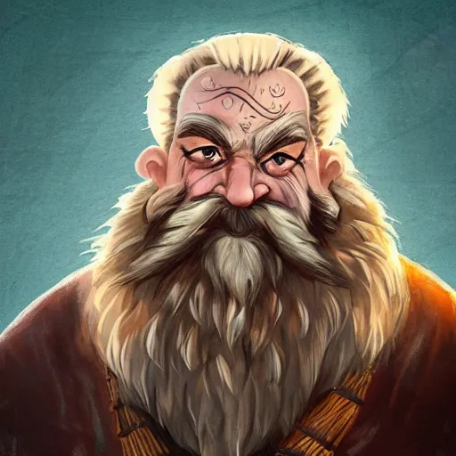 Image similar to concept art of old angry dwarf with white beard and hair, wearing wolf pelt, with runic geometry face tattoos