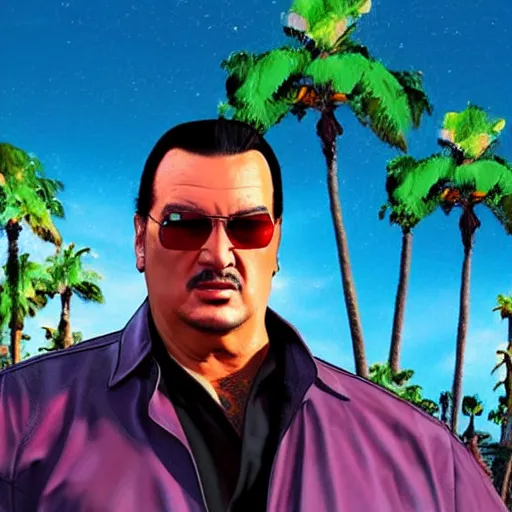 Image similar to Steven Seagal in GTA V . Los Santos in background, palm trees. in the art style of Stephen Bliss