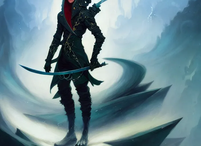 Image similar to full body picture of an legendary blader, holding the ego sword to the camera, black long jacket, intricate, masterpiece, epic fantasy illustrations by peter mohrbacher and anato finnstark and jeremy lipking