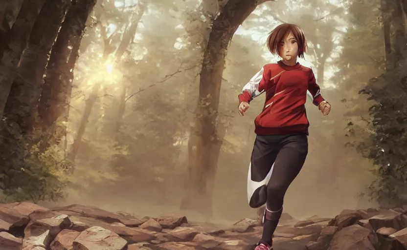 Prompt: a girl is running, red sport clothing, marathon, anime style, symmetrical facial features, brown short hair, hair down, from arknights, hyper realistic, rule of thirds, extreme detail, detailed 4 k drawing, safebooru, realistic lighting, by alphonse mucha, greg rutkowski, backlit