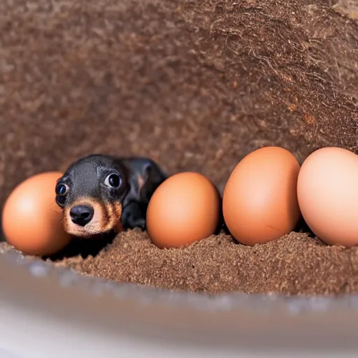 Prompt: tiny dachshunds hatching from eggs : : wildlife photography : : macro photography,