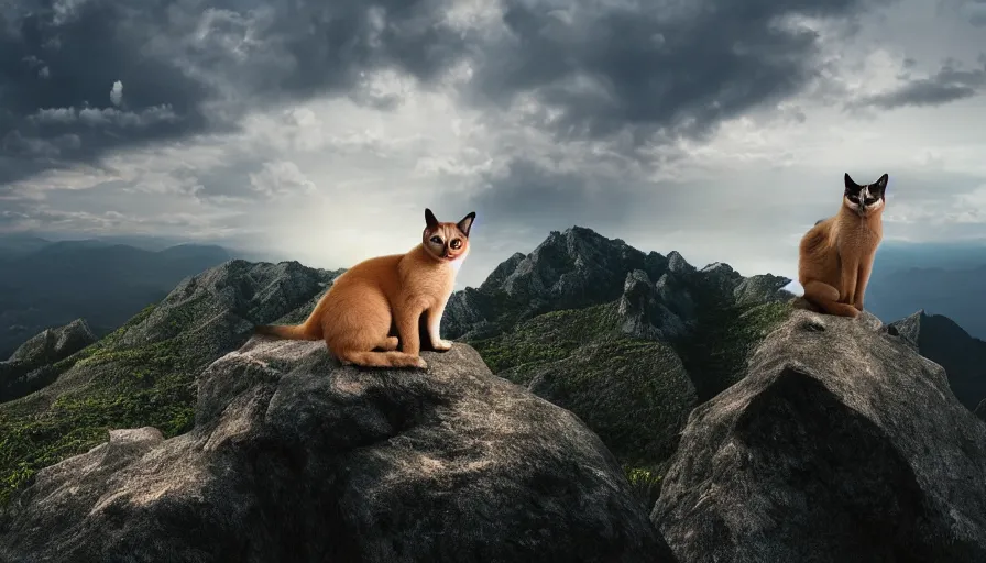 Prompt: a siamese cat standing on the peak of a mountain range, looking far, digital art, epic lighting, epic composition, 4 k