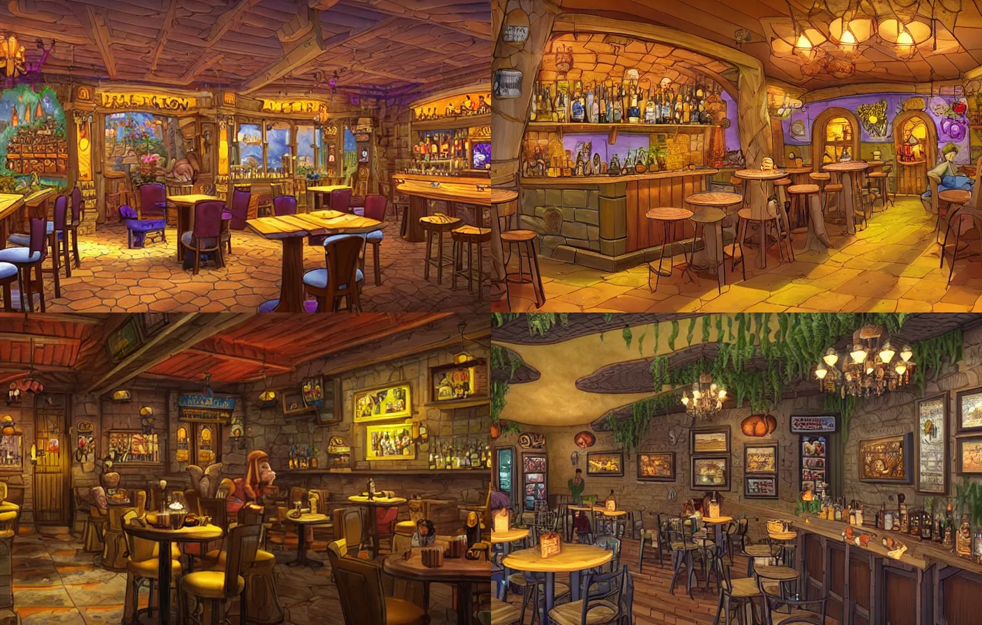 Prompt: the interior of a honey themed bar ran by bees and filled with bee patrons sitting at tables, from a fantasy point and click 2 d graphic adventure game, art inspired by thomas kinkade, king's quest, sierra entertainment games