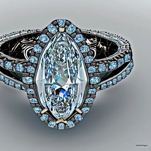 Image similar to photo of engagement ring with two diamonds outside and one in the middle, realistic, hyper detailed, concept art, victorian, multiple angles