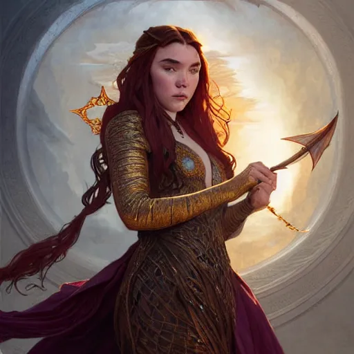 Image similar to Florence Pugh as a fantasy sorceress, D&D, fantasy, intricate, elegant, highly detailed, digital painting, artstation, concept art, matte, sharp focus, illustration, art by Artgerm and Greg Rutkowski and Alphonse Mucha