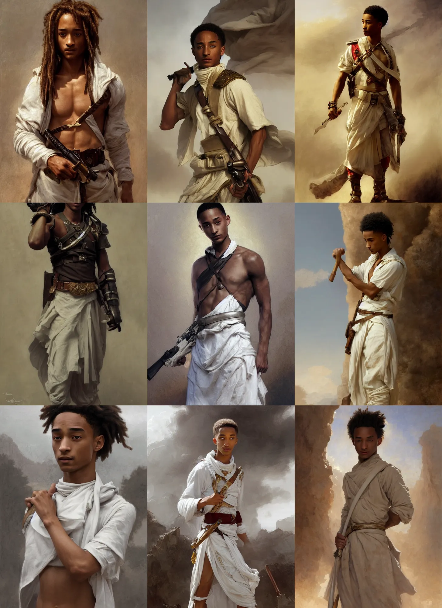 Prompt: jaden smith as ancient libyan soldier, white skirt and barechest, intricate, elegant, highly detailed, artstation, concept art, sharp focus, ruan jia, jurgens, orientalism, bouguereau