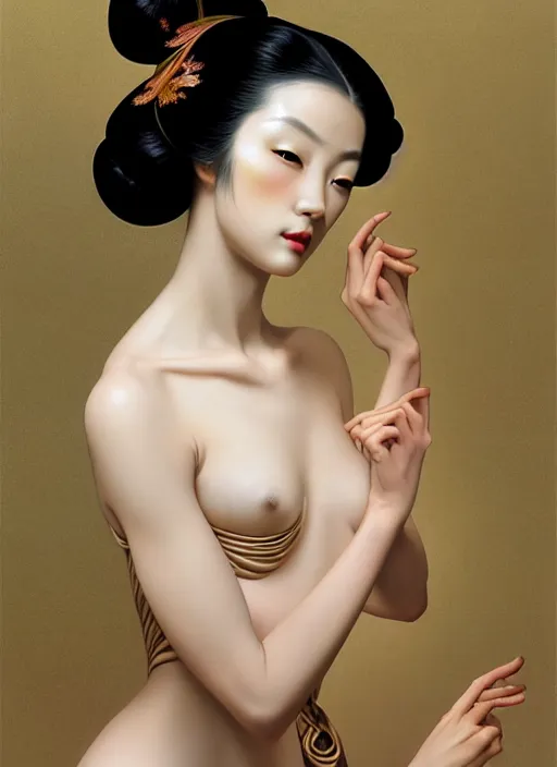 Image similar to organic seductive Geisha, pearlescent skin, diffuse lighting, fantasy, intricate, elegant pose, highly detailed, lifelike, photorealistic, digital painting, artstation, illustration, concept art, different point of view, smooth, sharp focus, art by John Collier and Albert Aublet and Leonardo da vinci and Moebius and Krenz Cushart and Artem Demura and Alphonse Mucha