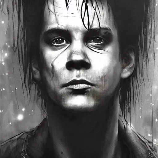 Prompt: stunning portrait of gaunt river phoenix a ( the cure fan ) as dream from sandman, dim stars as eyes, by jeremy mann, by cedric peyravernay, by by russ mills, by richard avedon and ben templesmith, dramatic lightning, sadness, dark eye sockets, in the shadows, punk rock, gothic, high detailed, 8 k