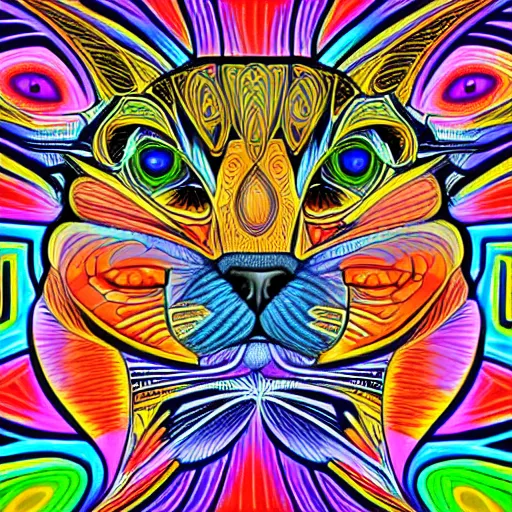Image similar to a symmetrical portrait illustration of a colorful cute cat hand drawn sketch on artstation 4 k intricate extremely detailed digital art by alex grey