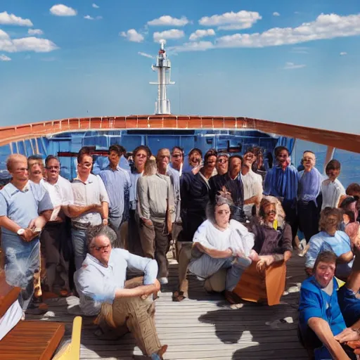 Image similar to photograph of a ship full of math professors, wide shot, sunny day, soft focus