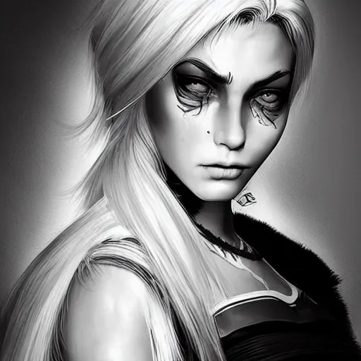 Image similar to epic professional digital art of a young woman with black and white hair looking disgusted away from the camera, Punk, best on artstation, cgsociety, wlop, Behance, pixiv, cosmic, stunning, gorgeous, much detail, much wow, masterpiece