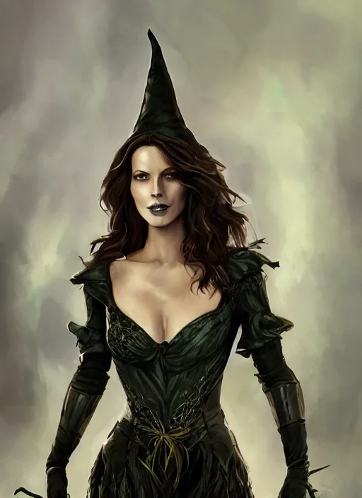 Image similar to beautiful female wicked witch, kate beckinsale as the wicked witch of the west, full body character concept, armor, super powers, fantasy, intricate, elegant, highly detailed, digital painting, artstation, concept art, shining, sharp focus, illustration, art by stanley lau