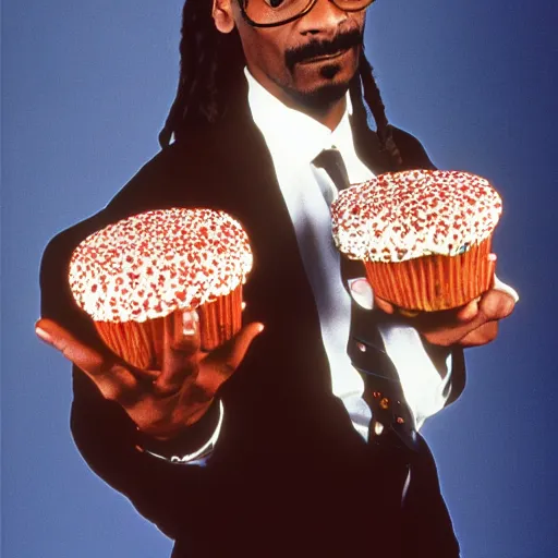 Prompt: Snoop Dogg holding a box of cupcakes for a 1990s sitcom tv show, Studio Photograph, portrait, C 12.0