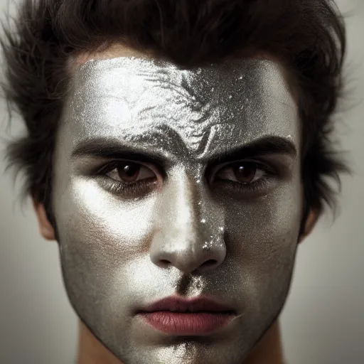 Image similar to a close up portrait of a beautiful athletic young persian male with his face covered in silver leaf , photographed by erwin olaf, artistic