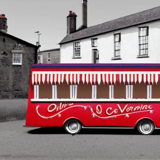 Image similar to digital matte glossy painting nostalgic 1 9 5 0 s ice cream van and village britain, detailed in the style of trevor mitchell