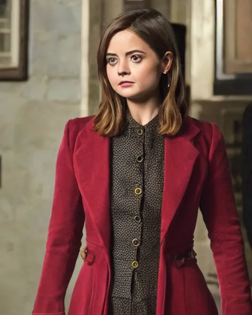 Prompt: Jenna Coleman as the Doctor, velvet coat, waistcoat