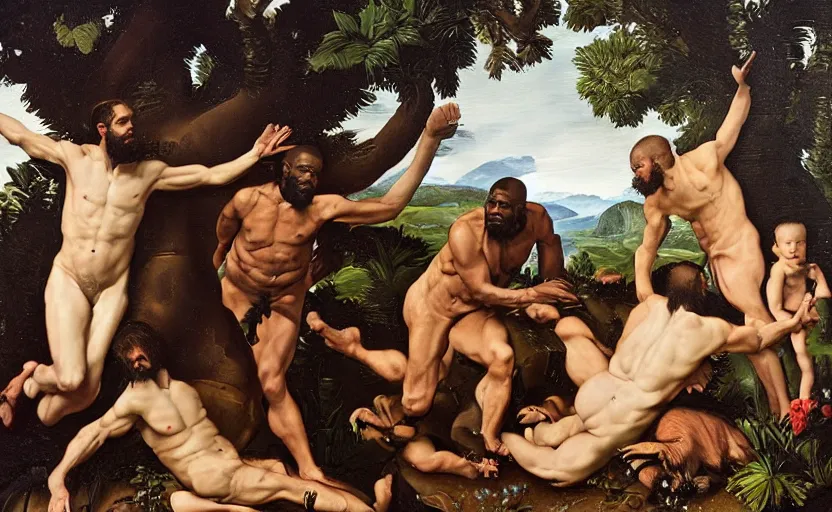 Image similar to kanye west in the garden of eden by caravaggio, highly detailed, intricate details, oil painting, deep impasto