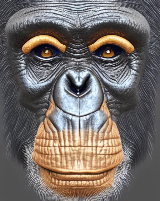 Prompt: gold, blue, illustration of a chimpanzee, 3 d, 8 k, extremely detailed, artstation