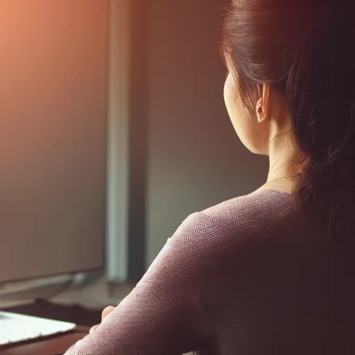 Prompt: angry woman looking at monitor typing on keyboard photo dramatic lighting from behind