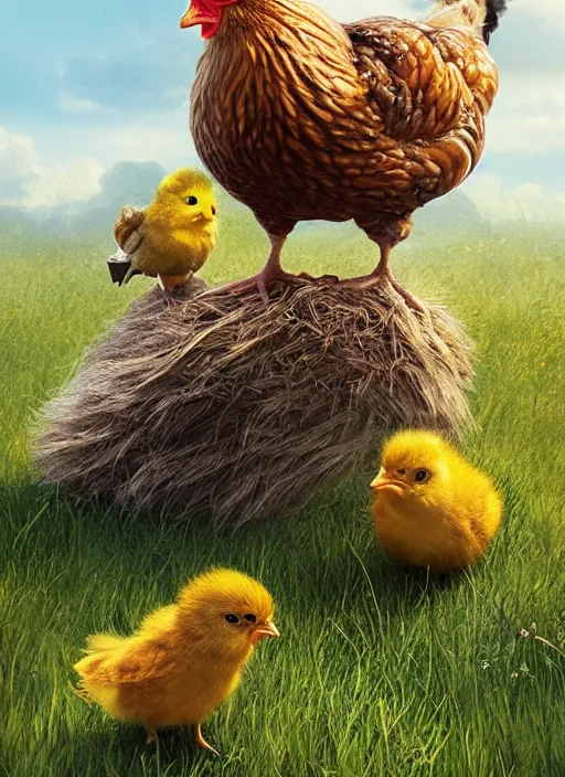 Image similar to a hen and her two cute small yellow chicks on a meadow, mama movie poster by nuri iyem, james gurney, james jean, greg rutkowski, anato finnstark. pixar. hyper detailed, 5 0 mm, award winning photography, perfect faces