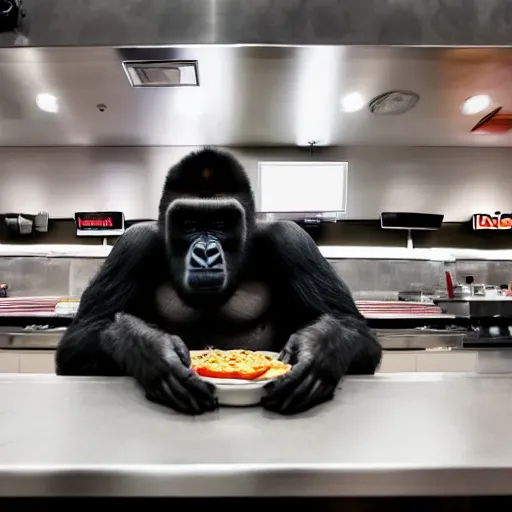 Prompt: high quality photo of a big gorilla working at a fast food restaurant - n 9