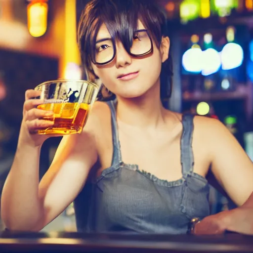 Prompt: Masculine anime girl sitting at a bar, holding a large glass of beer, obviously drunk, camera angle looking up at her, HDR