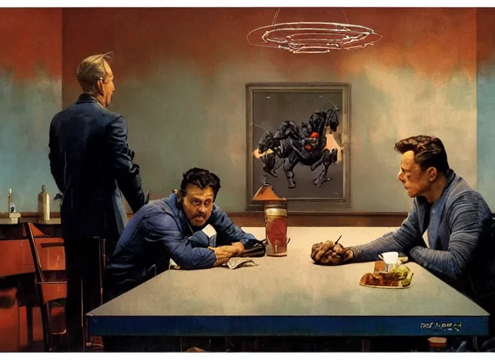 Image similar to a still from the movie avengers : endgame by of francis bacon and norman rockwell and james jean, a still from the movie godfather, and mark brooks, triadic color scheme, by greg rutkowski, syd mead and edward hopper and norman rockwell and beksinski, dark surrealism, orange and turquoise