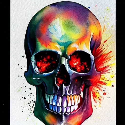 Prompt: watercolor art on paper, skull with explosions all around, highly detailed, artstation, masterpiece, award - winning