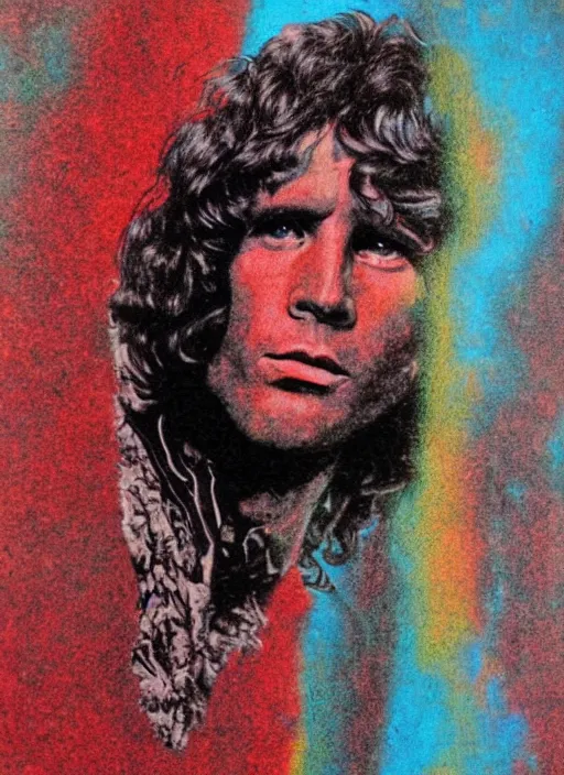 Prompt: Jim Morrison, The Doors, 1970's, Detailed, Mixed Media, Cream paper, black, red, cyan