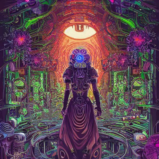 Prompt: the cyborg priestess surrounded by mechanical flowers, Dan Mumford
