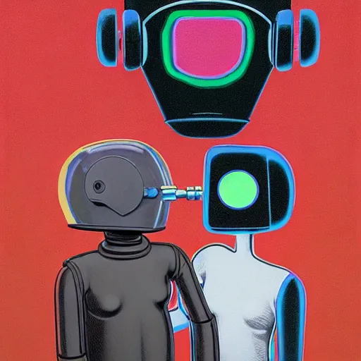 Prompt: portrait of an two robots kissing each other wearing astro helmet with tight black latex dress tight suit by Andy warhol, Edward Hopper and James Gilleard, Zdzislaw Beksinski, Mark Ryden, Wolfgang Lettl highly detailed