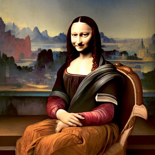 Image similar to Monalisa is sitting on her living room couch. She is dressed casually and is watching TV, Regal, Realistic, Refined, Detailed Digital Art, Josephine wall, Oil Painting, William-Adolphe Bouguereau, Art Frahm, Esao Andrews, Steampunk, Walt Disney (1937), Highly Detailed, Cinematic Lighting, Unreal Engine, 8k, HD