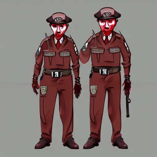 Prompt: zombie security 1 9 4 0 officers with a glowing red aura in beige uniforms in a brutalist office setting trending on artstation digital painting