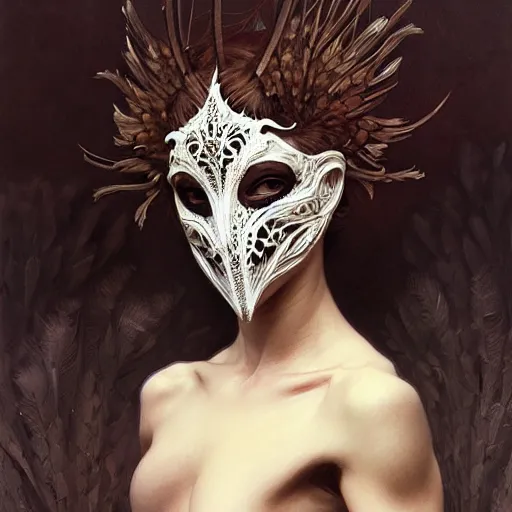 Image similar to Girl wearing an intricate mask made of feather and bone, face, detailed, intricate, elegant, highly detailed, digital painting, artstation, concept art, smooth, sharp focus, illustration, art by Krenz Cushart and Artem Demura and alphonse mucha