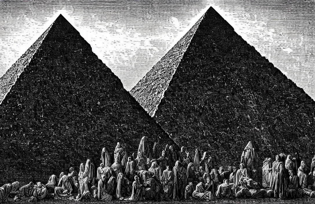 Image similar to the pyramid of figures is drawn together intact flawless ambrotype from 4 k criterion collection remastered cinematography gory horror film, ominous lighting, evil theme wow photo realistic postprocessing gustave dore hd illustration work of art directed by kurosawa by ghibli jan van der heyden