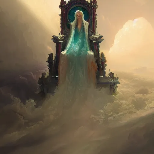 Image similar to a throne in heaven. On the throne sat someone who shone like a diamond or a ruby. Around the throne, a rainbow shone like an emerald. ,digital Art, hiperrealist Detailed, cinematographic, artstation Greg rutkowski