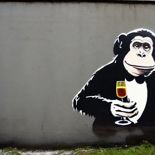 Prompt: Graffiti by Banksy of an ape in a suit drinking champagne