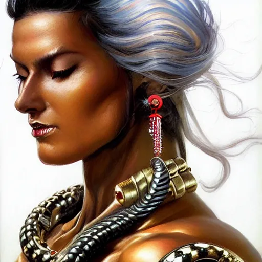 Image similar to detailed oil portrait of tall hyper - muscular shining bronze - skinned warrior woman with silver eyes, full body, with long wavy flowing black hair and big gold earrings, jewelry, red lipstick, makeup, feminine, volumetric lighting, dynamic composition, art by boris vallejo and sachin teng and sergey kolesov and ruan jia and heng z, scifi, concept art