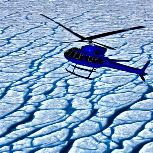 Prompt: a blue helicopter flying over ice floes