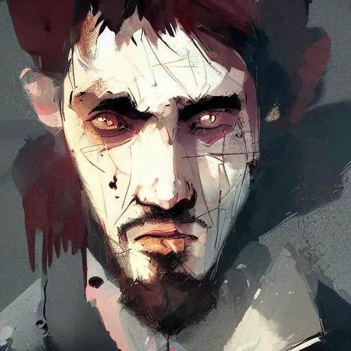 Prompt: human male character portrait, by Ismail Inceoglu, black hair, beard, scars, dark eyes, shabby clothes, art, dungeons and dragons, digital art