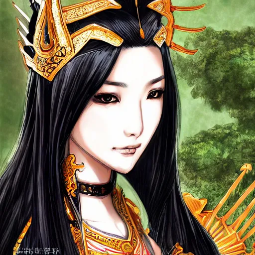 Image similar to ancient asian dynasty princess, three kingdom, dynasty warriors, cute face, standing in an oasis in the desert, comics, beautiful, elegant, headshot, long black hair, digital painting, smooth, concept art, art by hirohiko araki