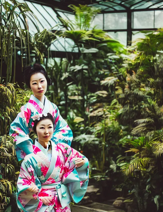 Prompt: photograph of a beautiful Japanese woman wearing a pretty kimono in a tropical greenhouse, by Annie Leibowiz, by Alessio Albi, extremely detailed, large format camera, Kodak Portra 400, 16K, bokeh, blurred background, photorealistic, flickr, getty, instagram