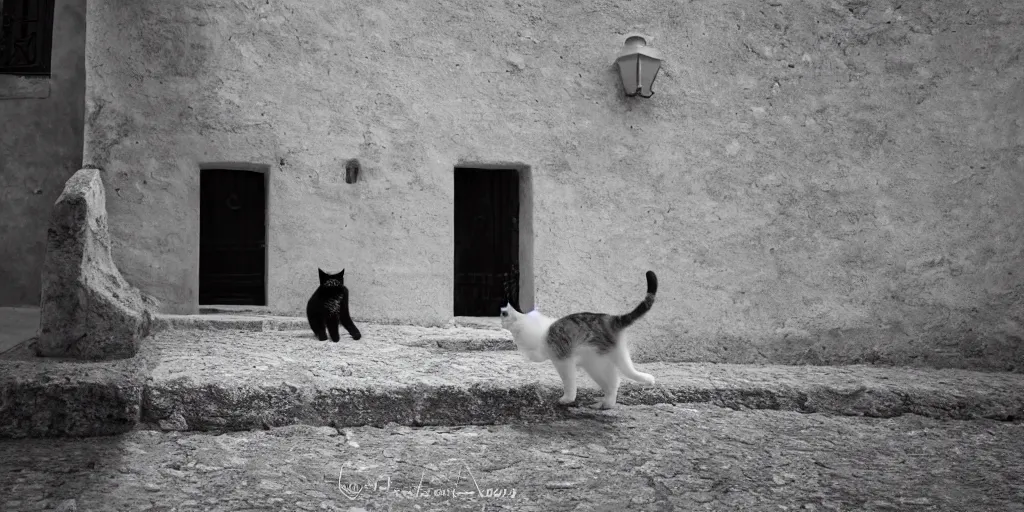 Prompt: photography of a cat with mortadela in his mouth at italian puglia with trulli houses in the background, photoreal, 3 5 mm, award winning photography