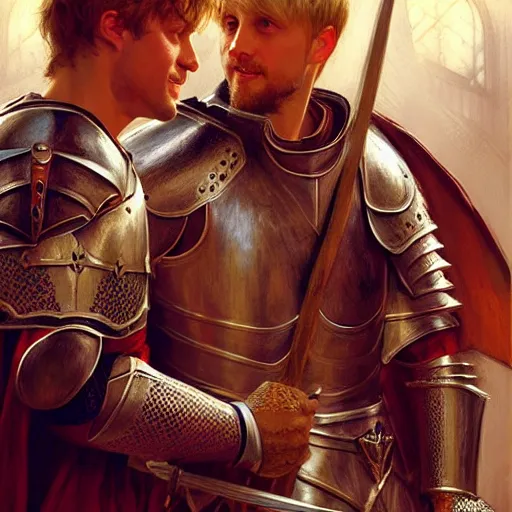 Image similar to attractive arthur pendragon and his favourite attractive male knight, they are in love, camelot, natural lighting, path traced, highly detailed, high quality, digital painting, by gaston bussiere, craig mullins, j. c. leyendecker