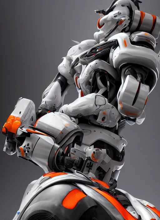 Image similar to a Photorealistic dramatic hyperrealistic full frame render of a Sleek futuristic exosuit Freedom Formula Racing Mech,Ultra realistic details,glossy white metal,Orange racing stripes,weathered surfaces,by Hidetaka Tenjin,Yoh Yoshinori,Yoji Shinkawa,Masamune Shirow,Beautiful dramatic dark moody tones and lighting,cinematic atmosphere,studio lighting,shadows,dark background, Octane render,8K