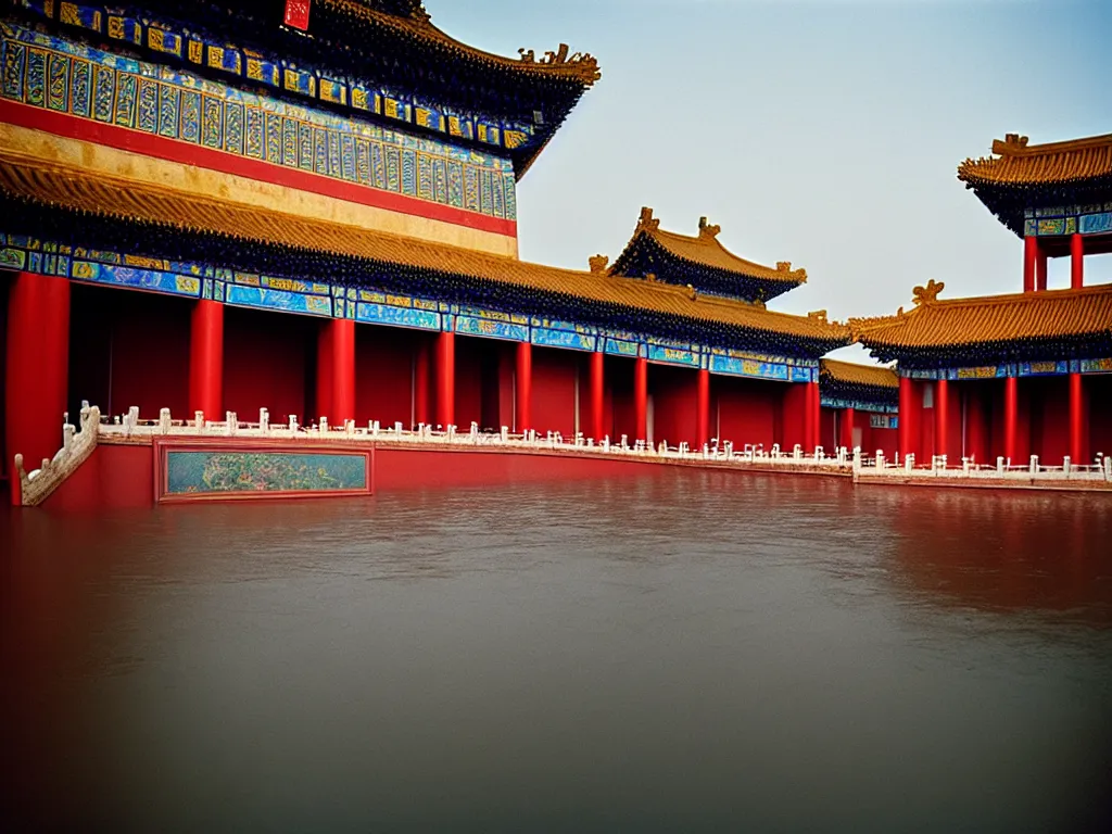 Prompt: kodak portra 4 0 0 photographic and realistic, the forbidden city, temple, night, moonlight, detailed, wide angle, floor flooded, how a river, objects that float, 3 5 mm, sharp focus, soft light, volumetric light, in the style of gregory crewdson