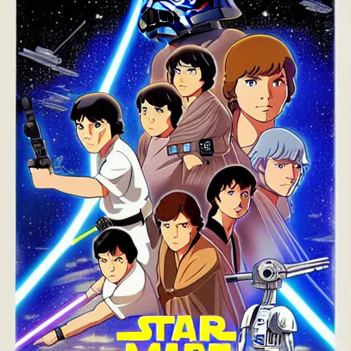 Image similar to Star Wars A New Hope poster drawn in anime style of Studio Ghibli, art, sharp focus, soft light