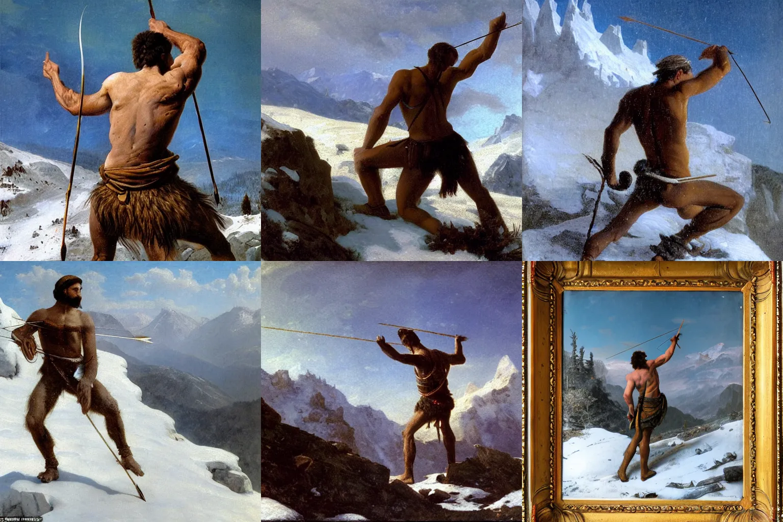 Prompt: A man during the bronze-age, Ötzi, climbs a snowclad mountain landscape with an arrow stuck in his left shoulder, photorealistic painting by Albert Bierstadt